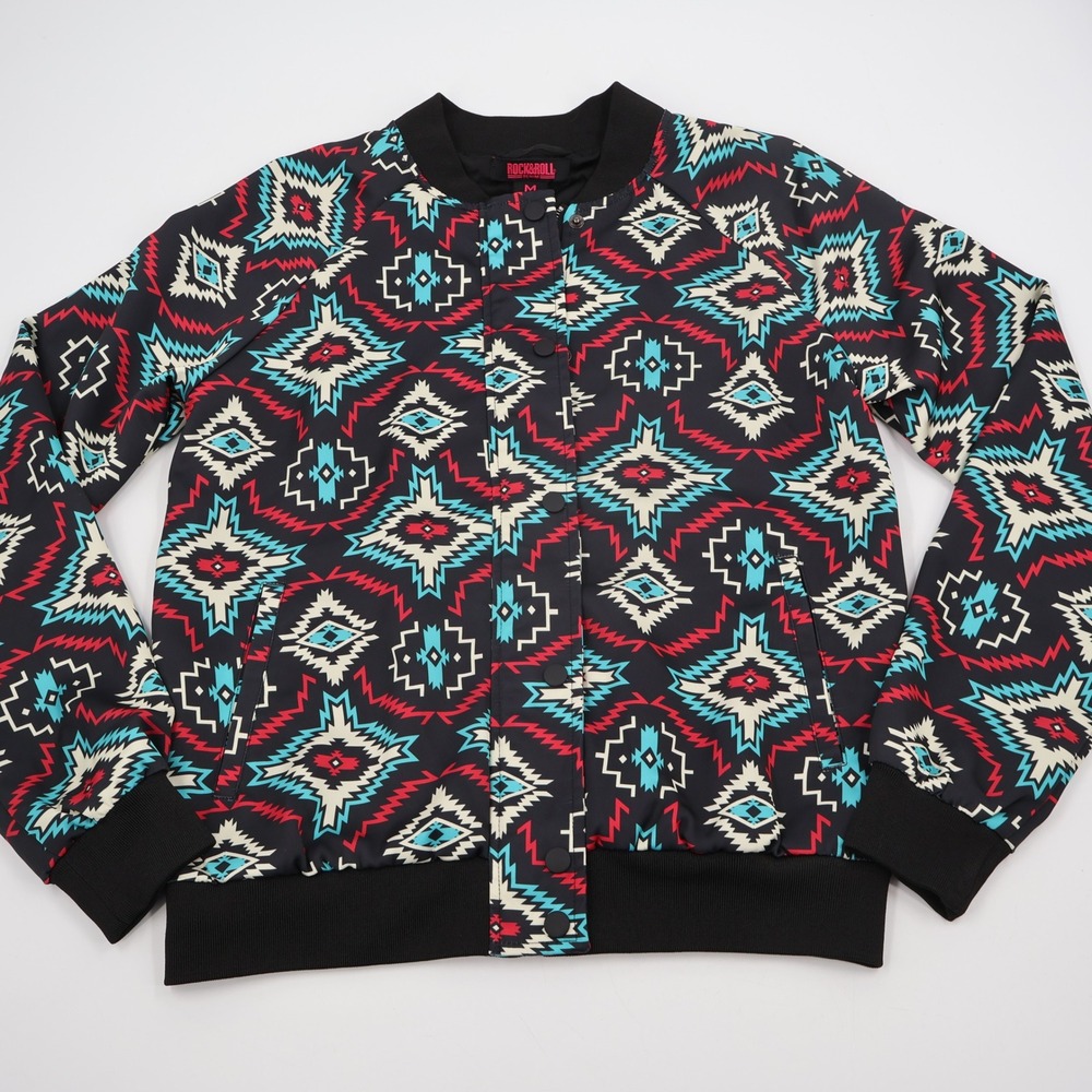 Rock & Roll Denim Bomber Jacket Womens Medium Black Southwestern Aztec Print